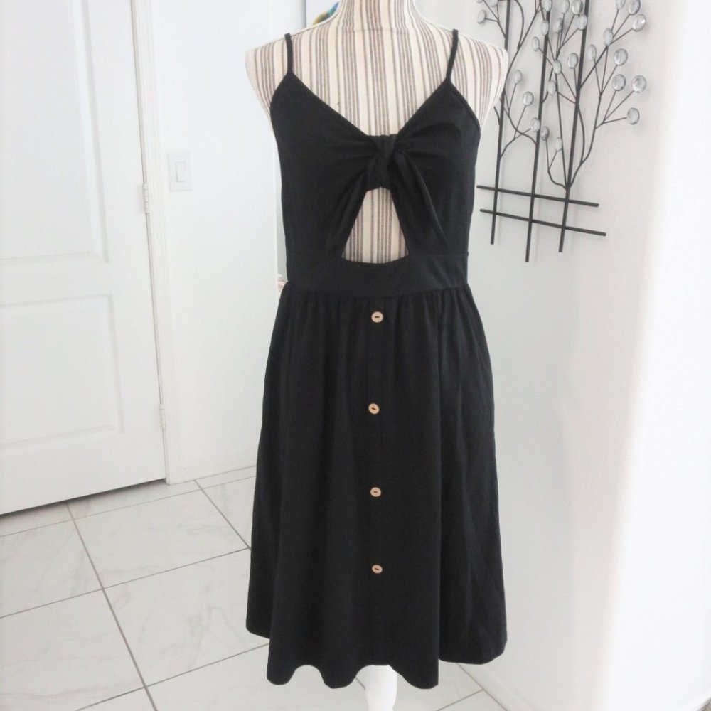 Black Spaghetti-Strap Cutout Button-Front Dress